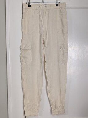 Nicole Miller Linen Cargo Pants Joggers Cream White Pull On Women's Medium Flax